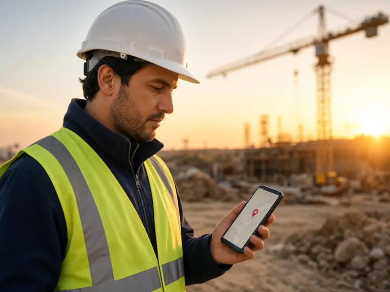 Şantiyede akıllı telefonundan konum doğrulamalı giriş yapan saha çalışanı