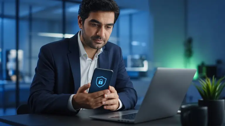 Telefonunda güvenlik kilidi simgesi bulunan iş insanı ve dizüstü bilgisayar