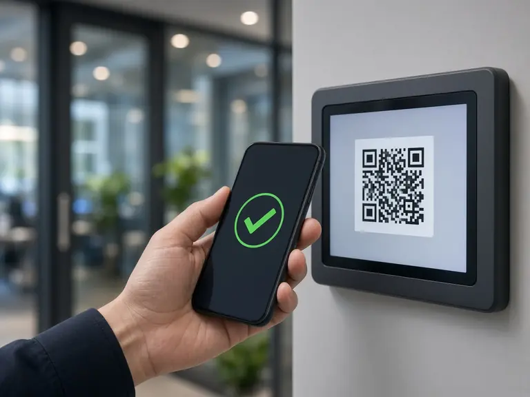 Akıllı telefonla duvardaki tablette QR kod okutarak giriş yapan personel